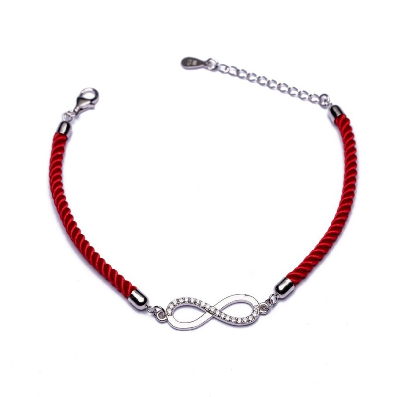 Srebrna bransoletka z czerwonym skręcanym sznureczkiem nieskończoność z cyrkoniami pr. 925 kolekcja Mere