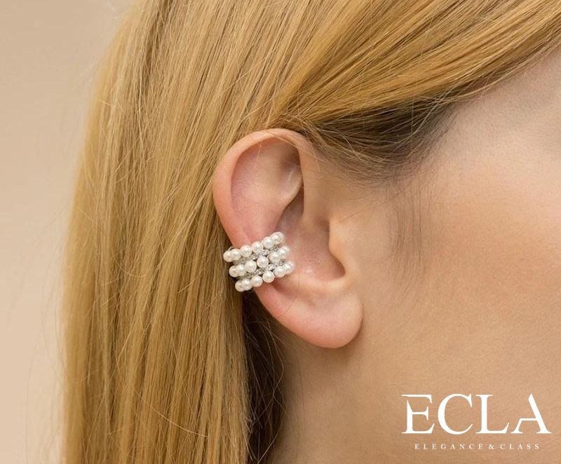 Kolczyk srebrna nausznica z perłami i cyrkoniami La Perla