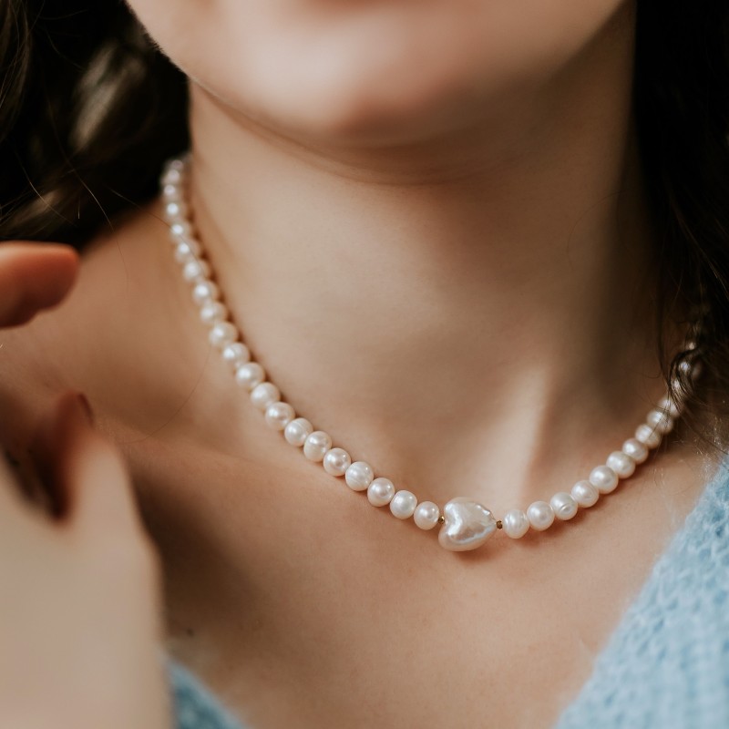 choker z pereł naturalnych z perłą w kształcie serca